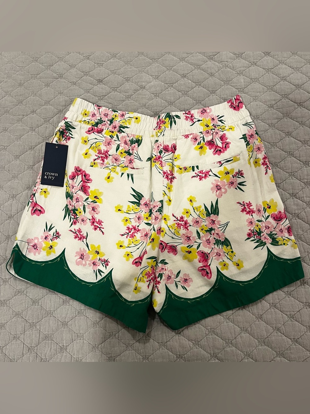 crown & ivy White Floral High-Waist Shorts with Pink, Yellow & Green Trim